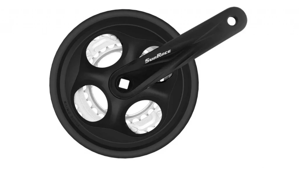 Шатун SUN RACE FCM300 28/38/48T CG (защита цепи), под квадрат, L175мм, чёрно-серебристый, CHW-95-89