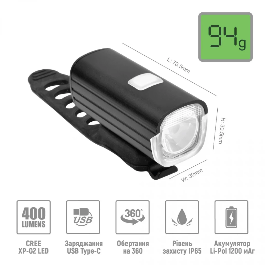 Велосипедна фара ONRIDE Burst (400 lm, 1200 mAh, Type-C), 6936116101991